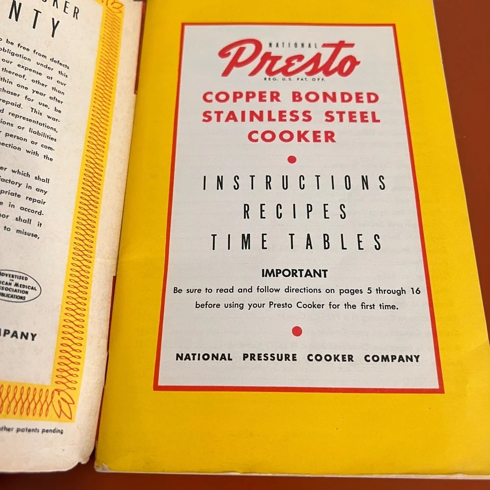 Vintage 1950 Presto Copper Bonded Stainless Steel‎ Cooker Recipe Book Model 304
